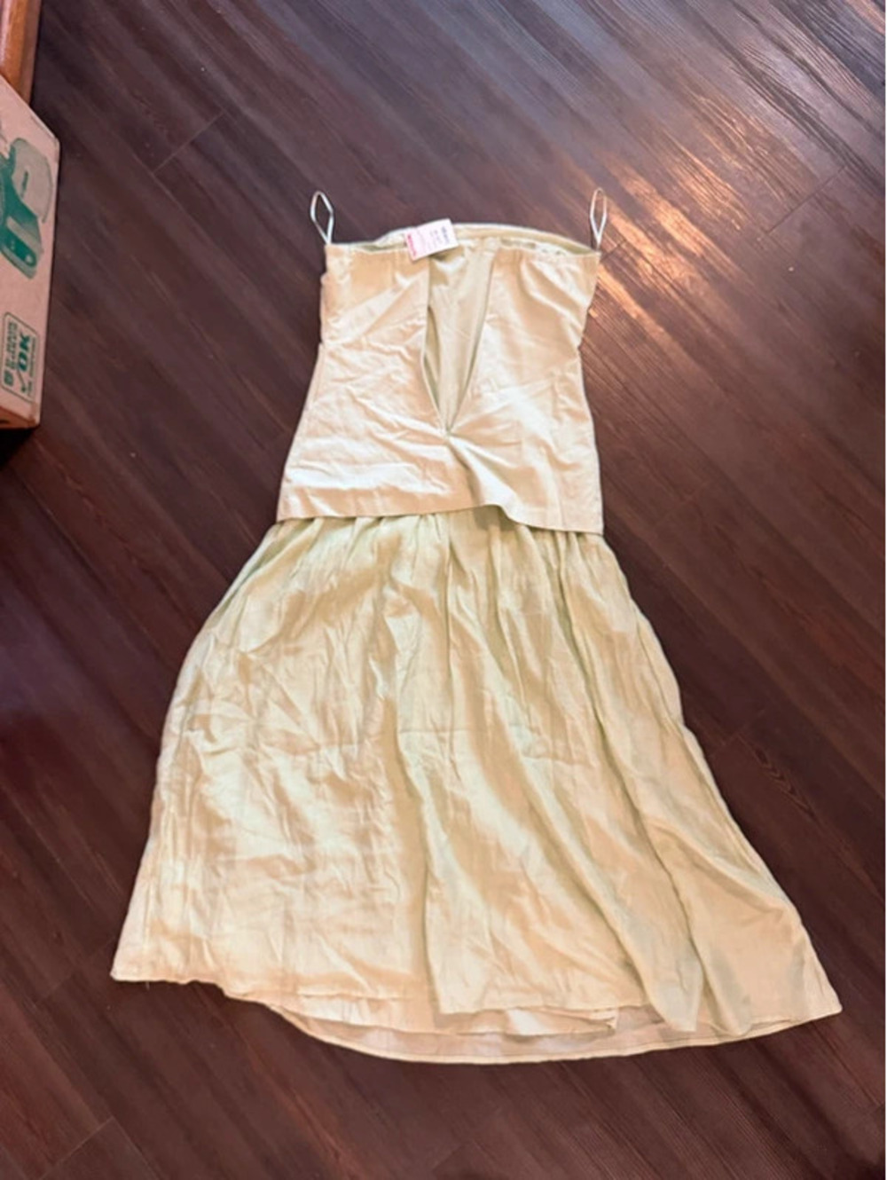 Light green moon river mixed media maxi strapless dress xs